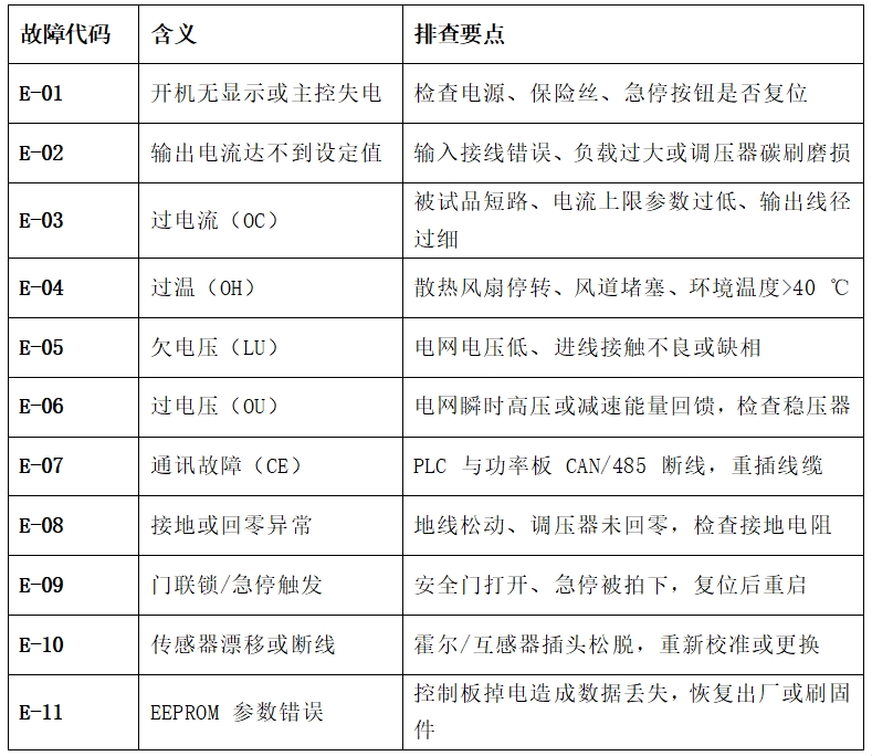 大電流發(fā)生器的故障代碼含義